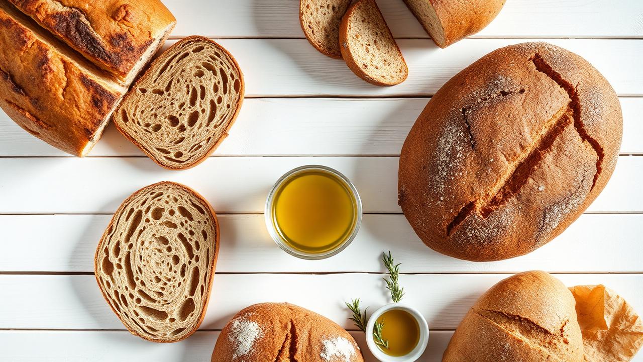 Low FODMAP bread selection — sliced sourdough spelt loaf, gluten-free seeded bread, sourdough boule, and oat flour rolls on a white wooden table with olive oil and rosemary