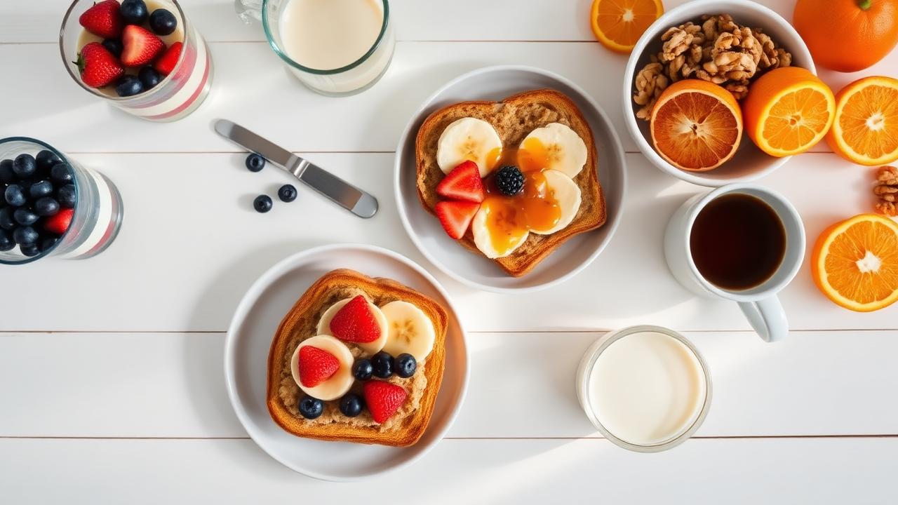 Low FODMAP breakfast spread with peanut butter toast, banana, strawberries, blueberries, lactose-free yogurt parfait, walnuts, oranges, and coffee on a white wooden table