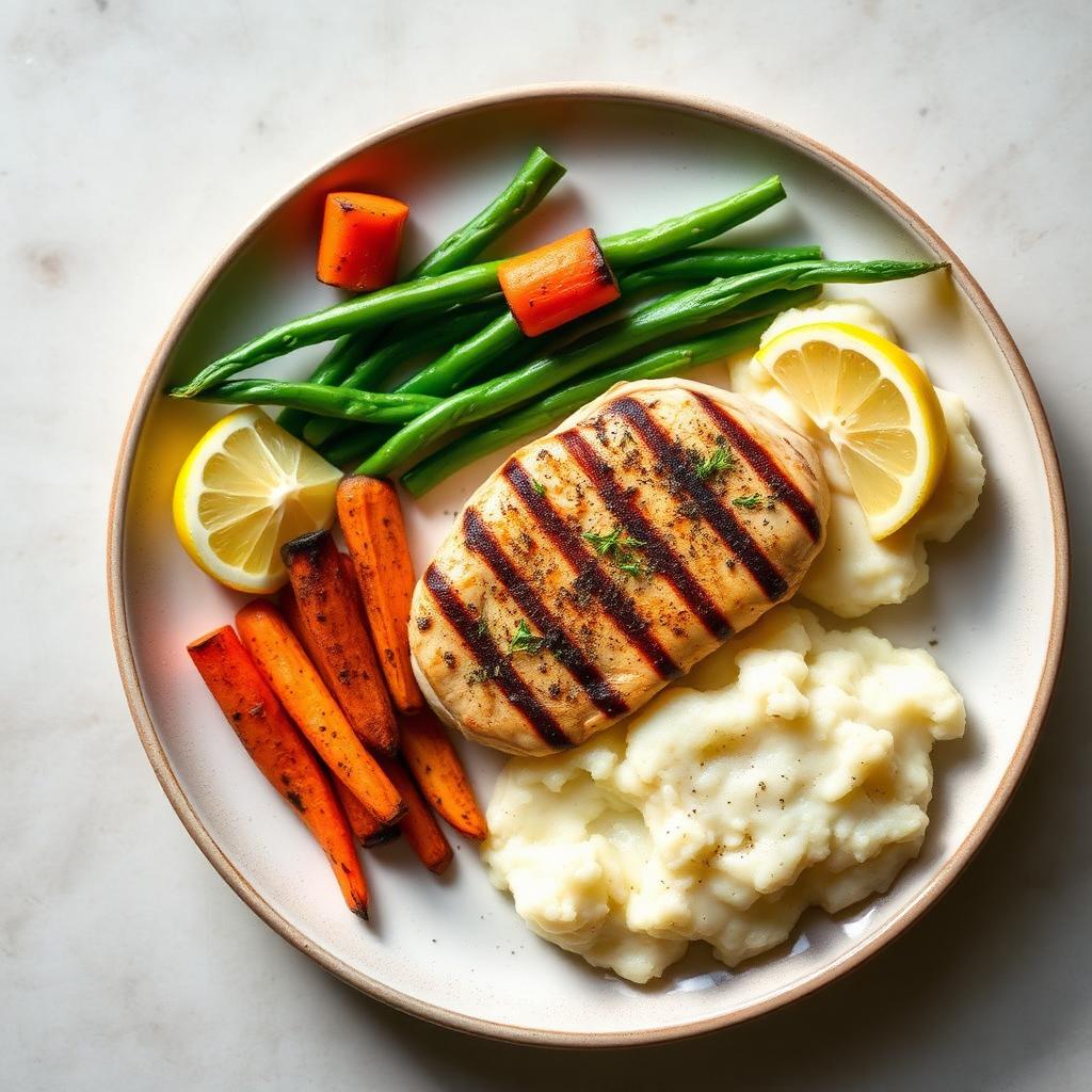 Low FODMAP herb grilled chicken breast with roasted carrots, green beans, mashed potato, and lemon on a rustic ceramic plate