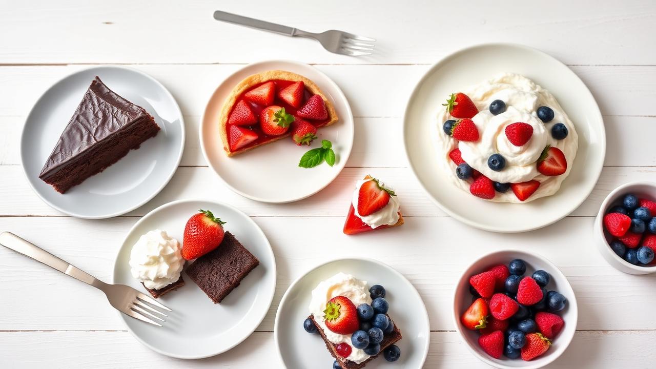 Low FODMAP desserts spread — flourless chocolate cake, strawberry pavlova, gluten-free brownies, lemon tart, and mixed berries on a white wooden table
