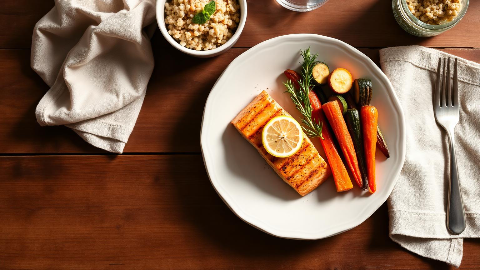 Low FODMAP dinner plate with grilled salmon, roasted carrots and zucchini, quinoa, and fresh rosemary on a rustic wooden table