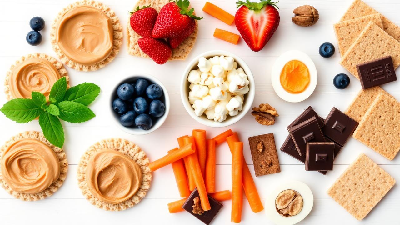 Assorted low FODMAP snacks including rice cakes with peanut butter, strawberries, blueberries, popcorn, walnuts, dark chocolate, hard-boiled eggs, and carrot sticks on a white wooden background