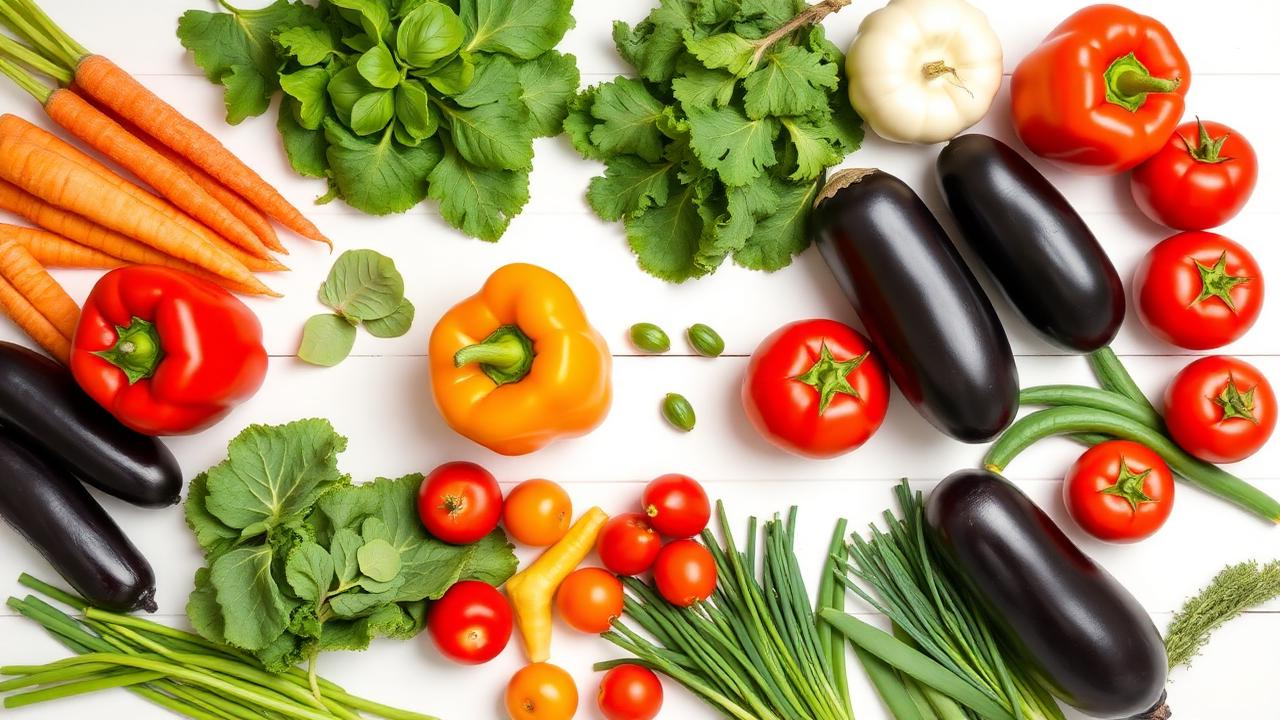 Top-down spread of fresh low FODMAP vegetables — carrots, zucchini, bell peppers, spinach, kale, eggplant, tomatoes, green beans, and chives on a white wooden table