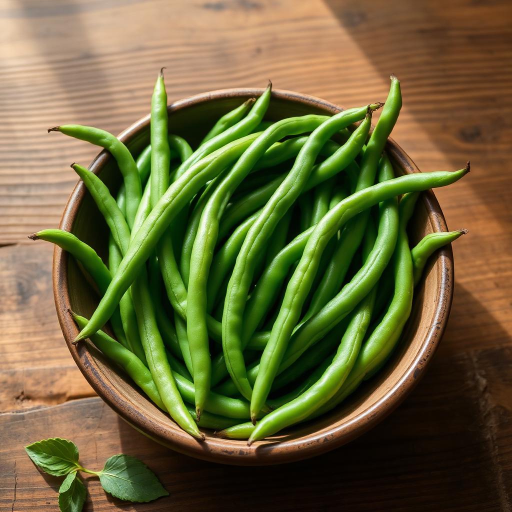Fresh green beans in a rustic bowl
