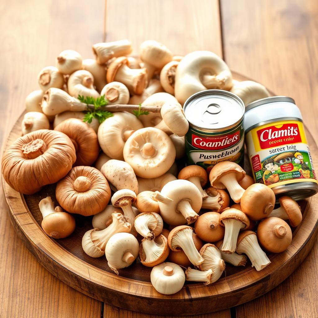 Assortment of mushrooms including button, oyster, and canned