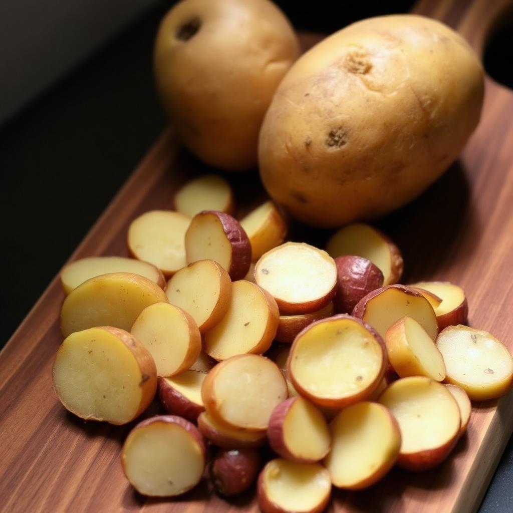 Fresh whole and sliced potatoes on a wooden board
