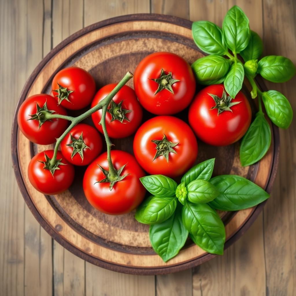 Fresh red tomatoes with basil on a rustic wooden board