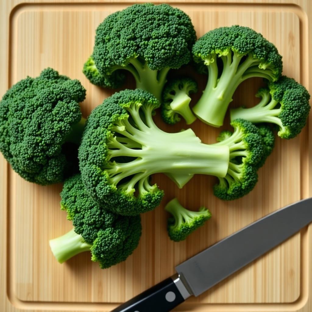 Fresh broccoli florets on a wooden cutting board