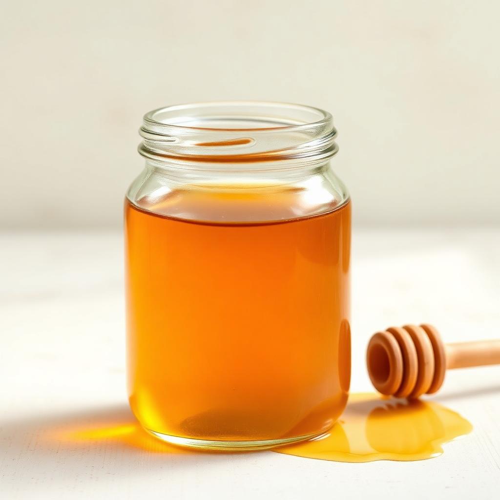 Jar of golden honey with wooden dipper