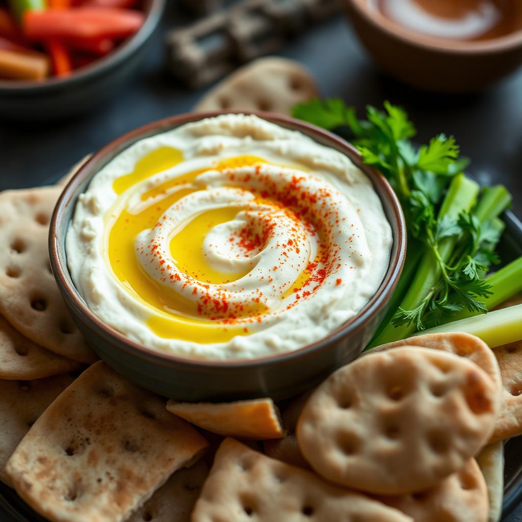 Bowl of creamy hummus with crackers and vegetables
