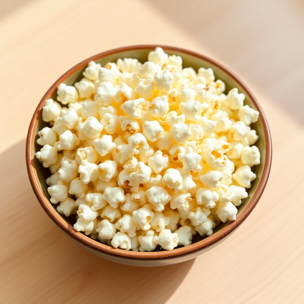 Bowl of plain popcorn on a wooden table