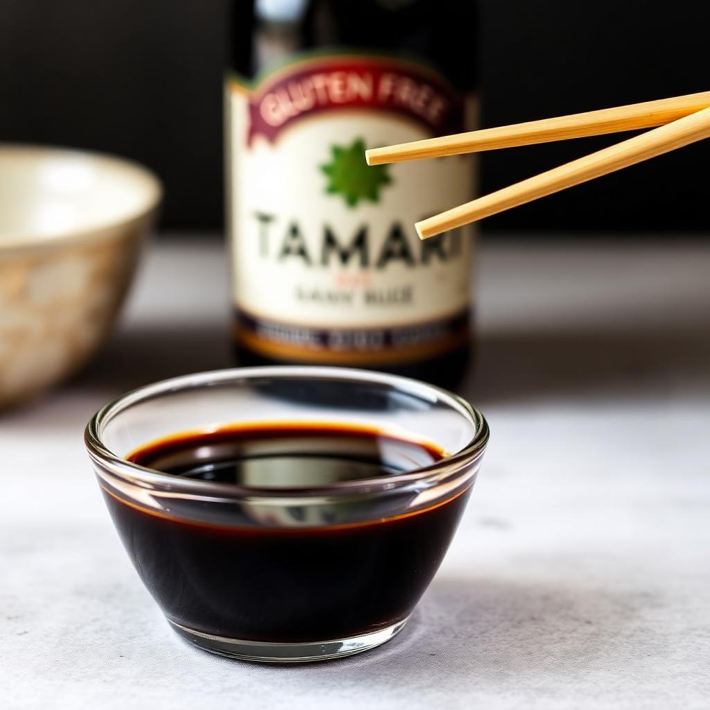 Bowl of dark soy sauce with gluten-free tamari bottle