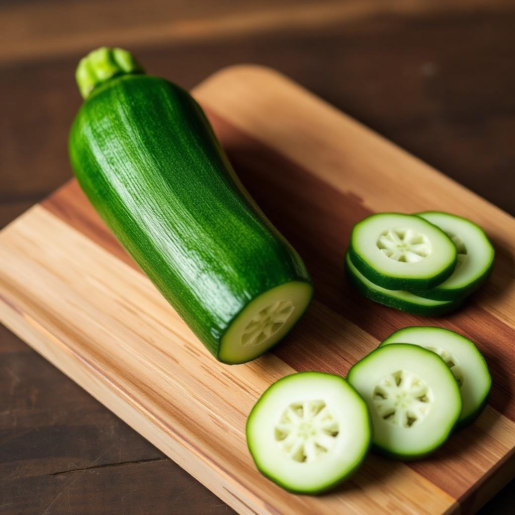 Fresh green zucchini and slices on wooden board
