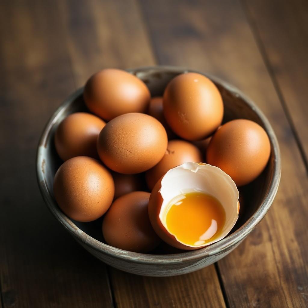 Fresh brown eggs in a rustic bowl with one cracked egg