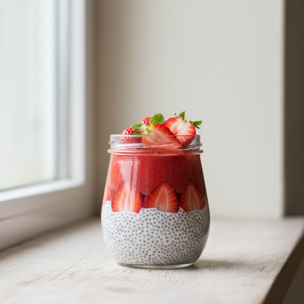 Strawberry chia pudding topped with fresh strawberries