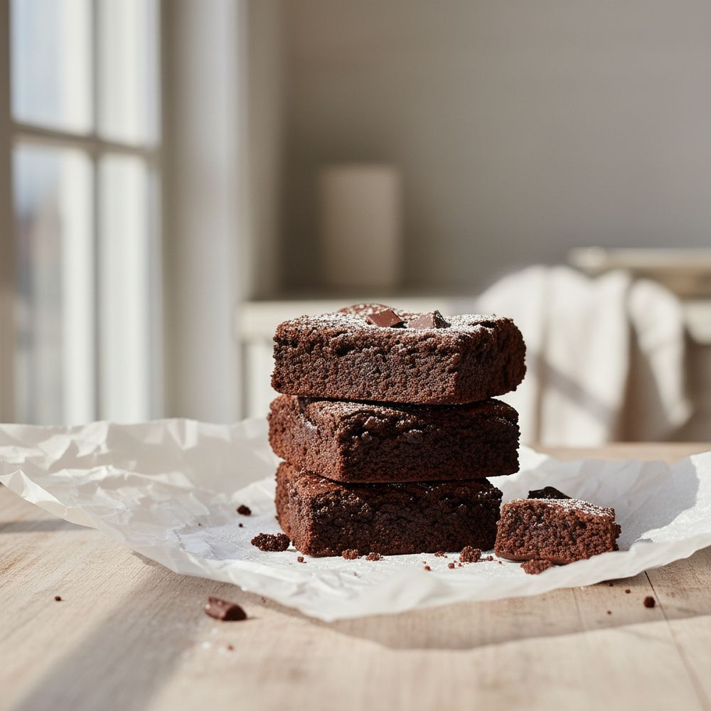 Stack of fudgy flourless chocolate brownies on parchment paper