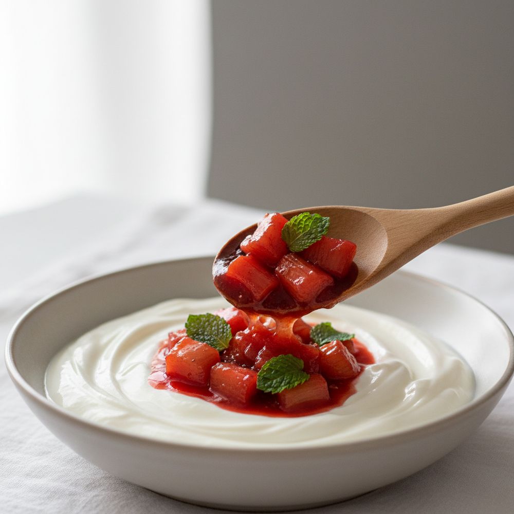 Maple roasted rhubarb over creamy lactose-free yogurt