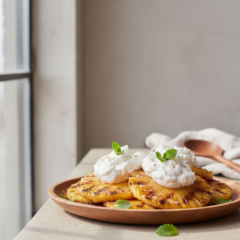 Grilled pineapple slices with whipped coconut cream and mint