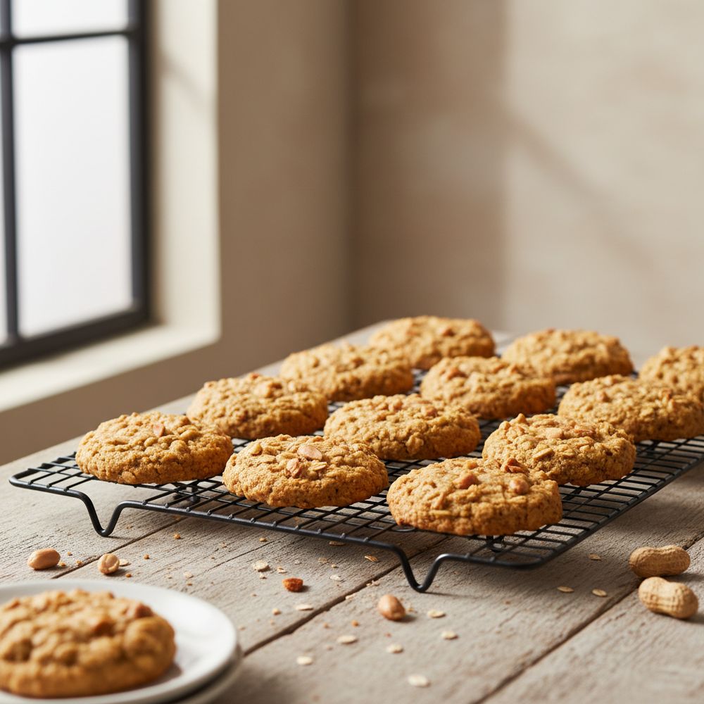 Peanut butter oat cookies cooling on a wire rack