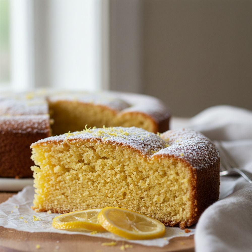 Rustic lemon polenta cake slice with powdered sugar and lemon zest