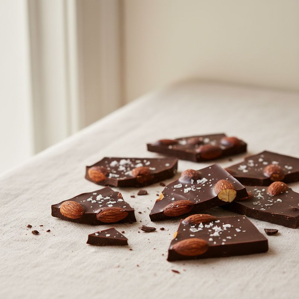 Broken shards of dark chocolate almond bark with sea salt