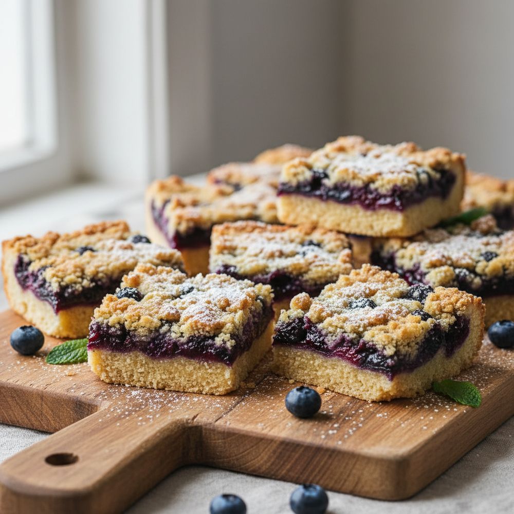 Blueberry crumble bars cut into squares on a wooden board