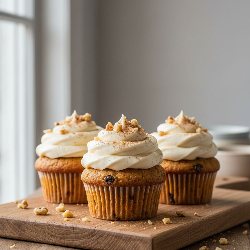 Carrot cake cupcakes with swirled lactose-free cream cheese frosting