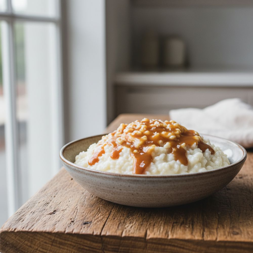 Creamy rice pudding in a bowl drizzled with salted caramel