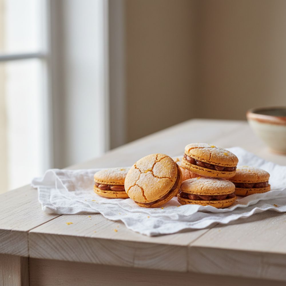Orange almond macaroons on a linen napkin