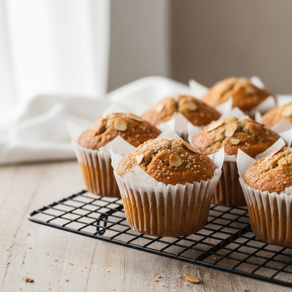 Banana bread muffins in paper liners on a cooling rack