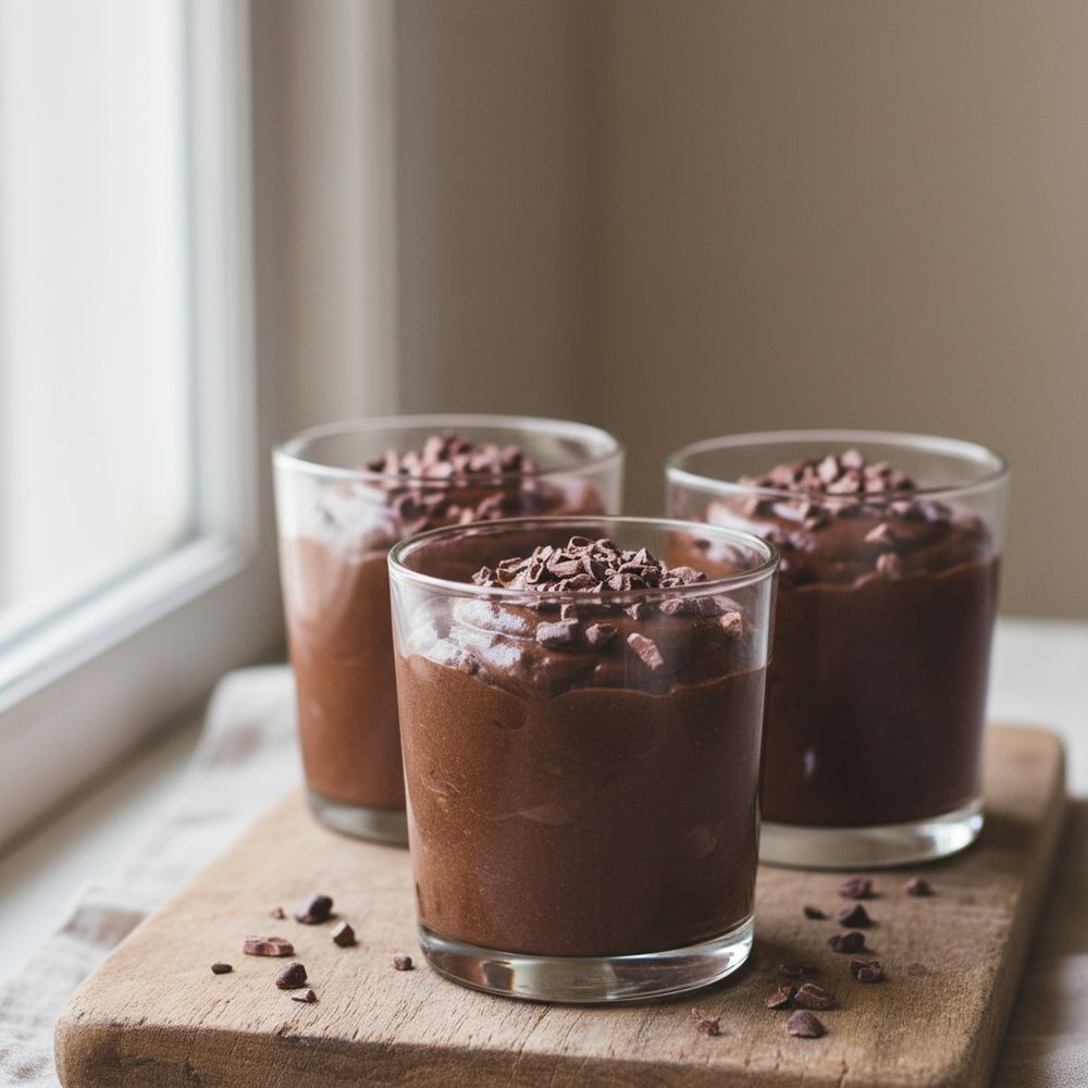 Dark chocolate avocado mousse in small glasses with cacao nibs