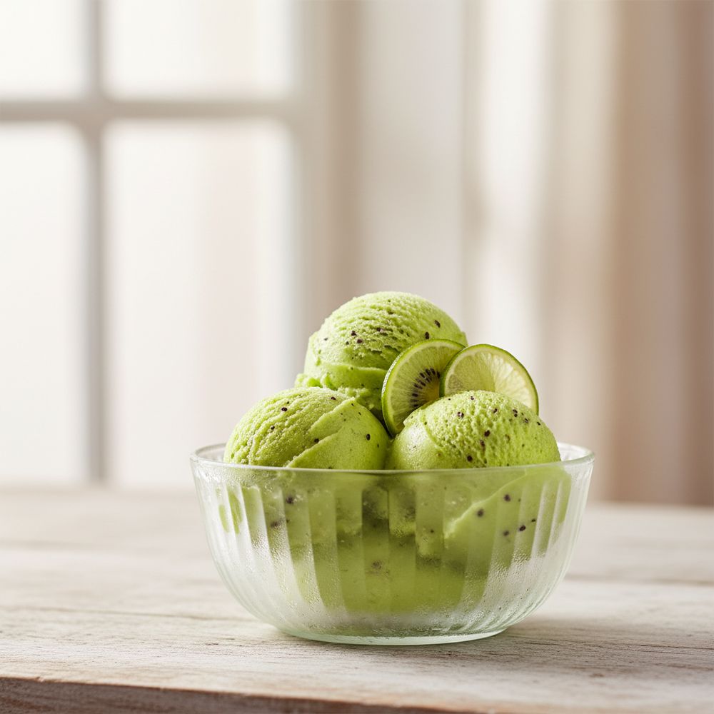 Bright green kiwi lime sorbet scoops in a chilled glass dish