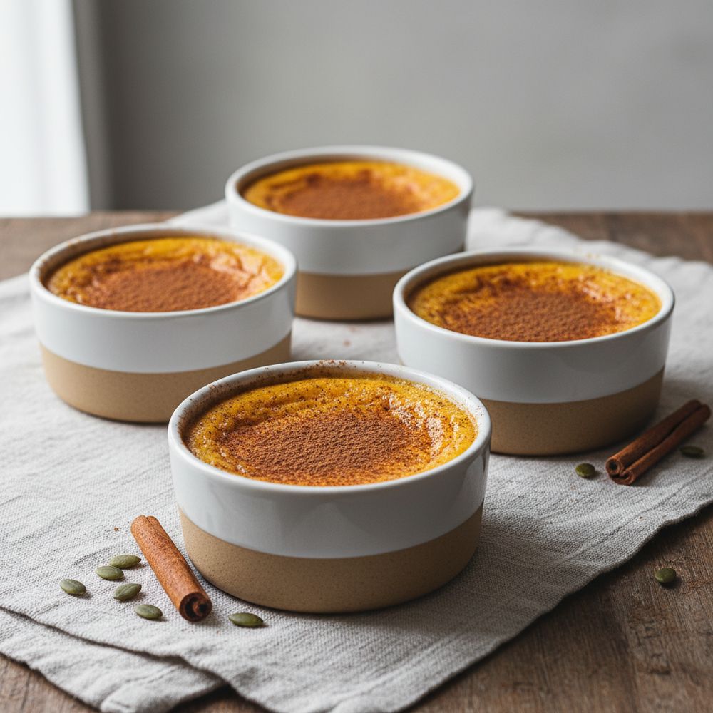 Individual pumpkin spice baked custard ramekins dusted with cinnamon