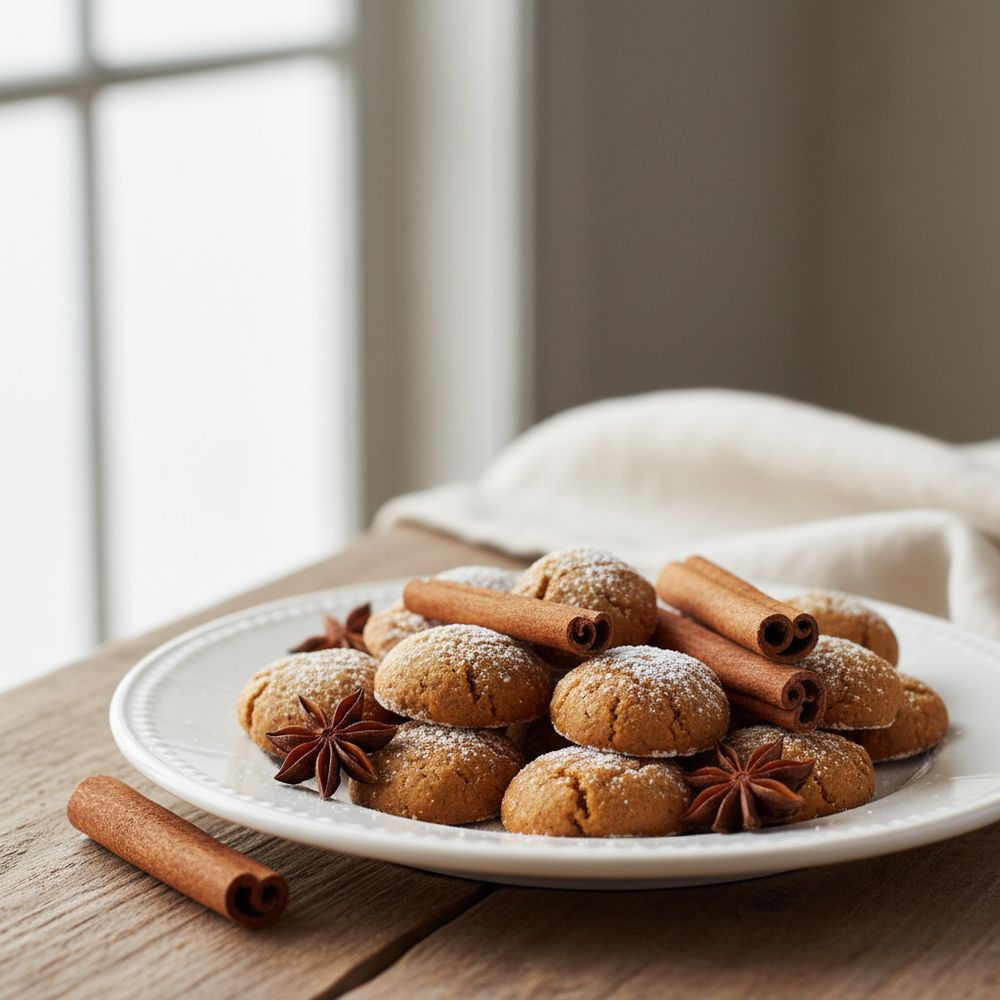 Small gingerbread cookie bites on a plate with cinnamon sticks