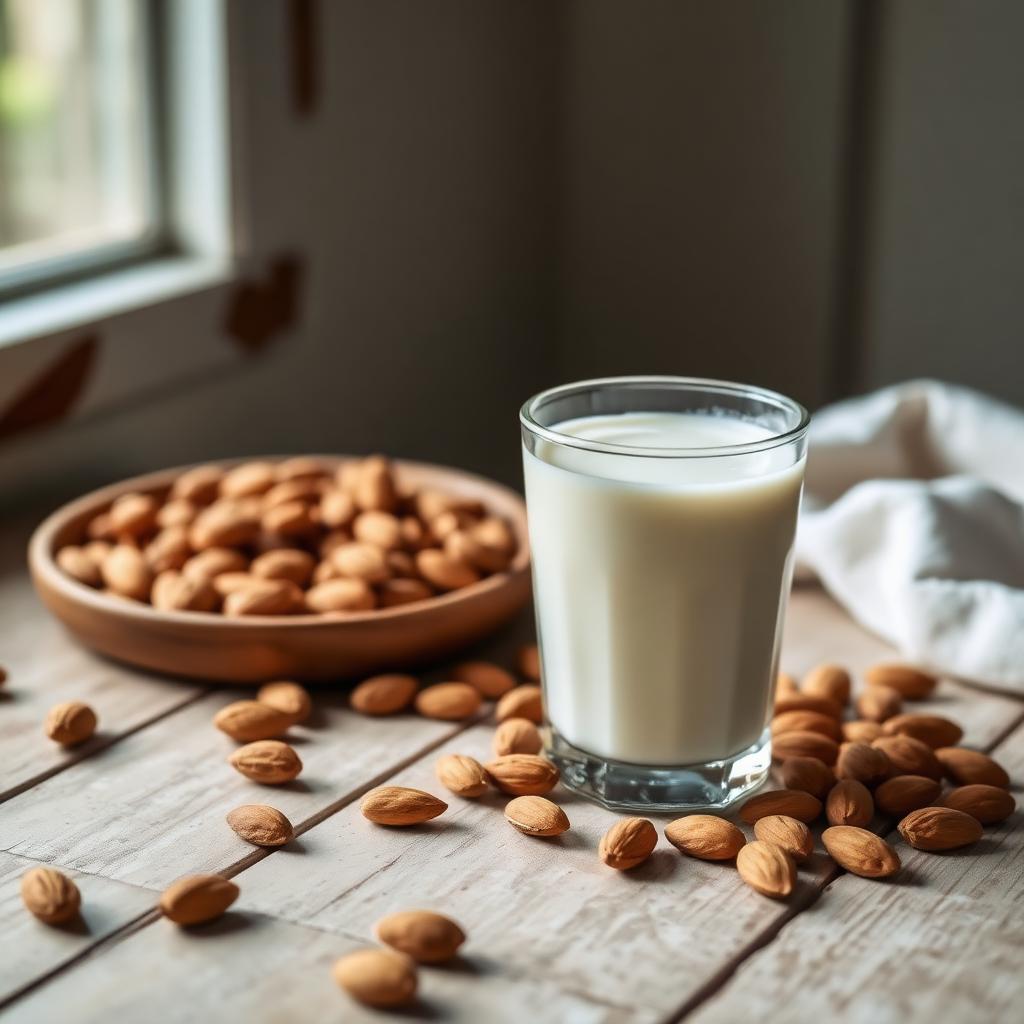 Glass of almond milk with almonds