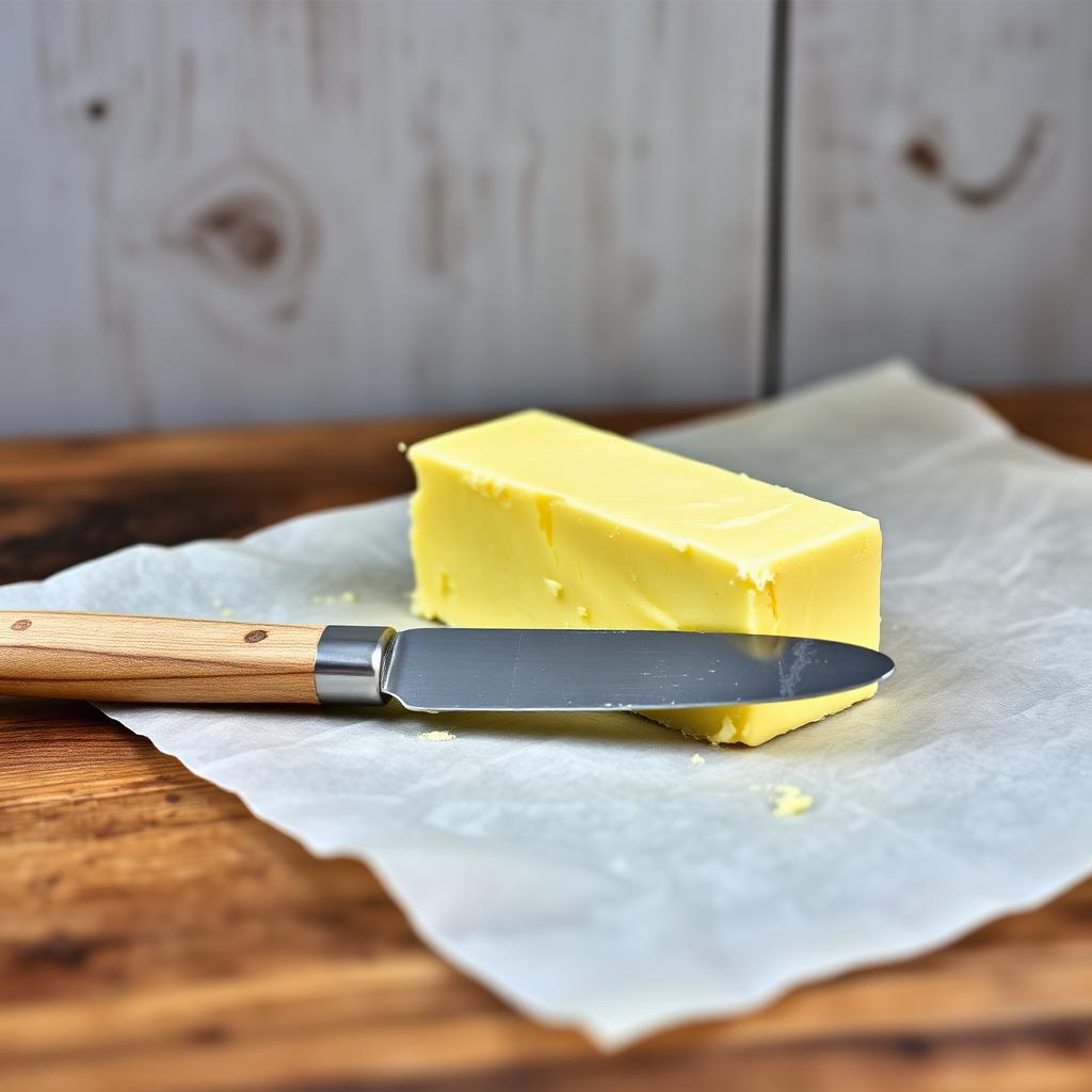 Block of butter with knife on parchment