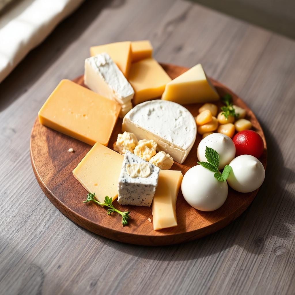 Assorted cheese board with cheddar, brie, feta