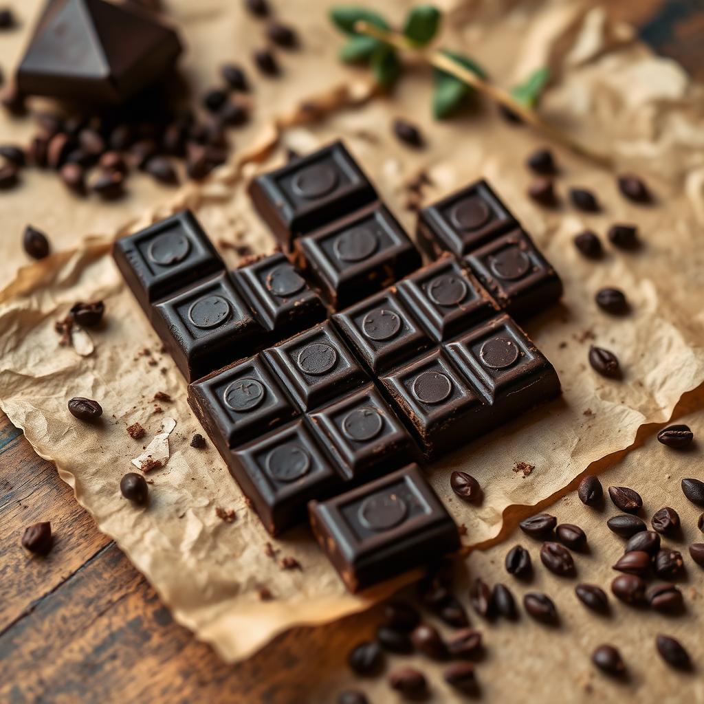 Dark chocolate squares on parchment with cacao nibs
