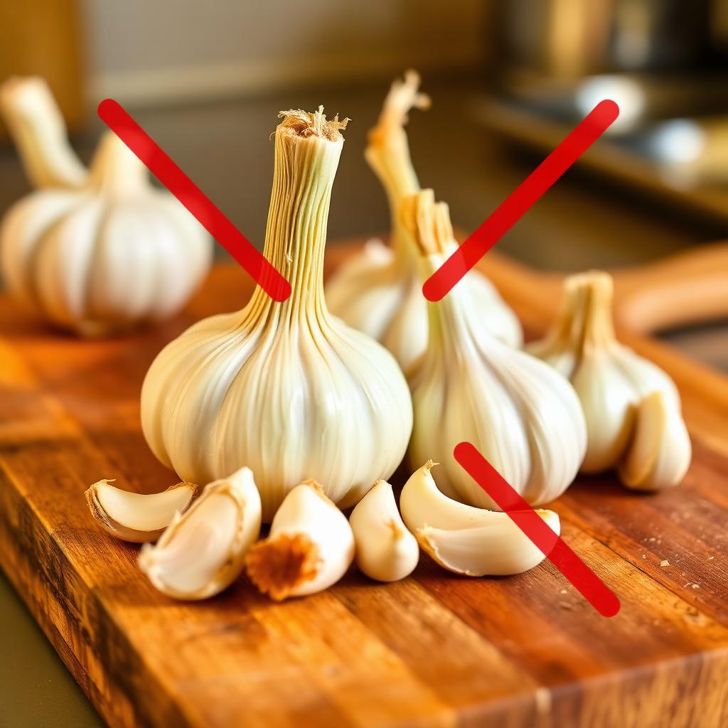 Garlic bulbs with red X warning