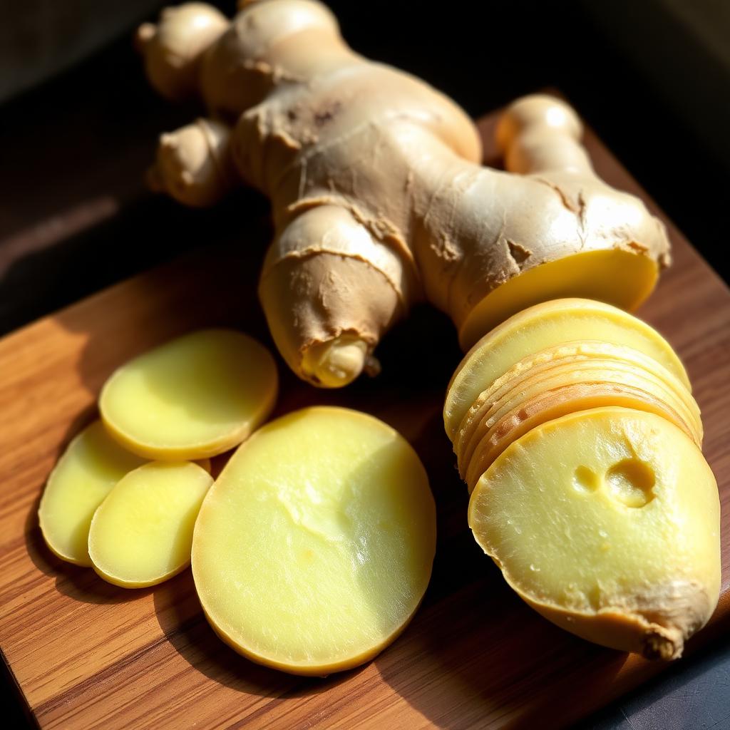 Fresh ginger root sliced on wooden board