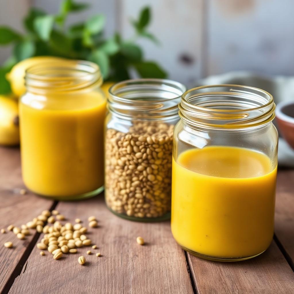 Jars of yellow and dijon mustard with seeds