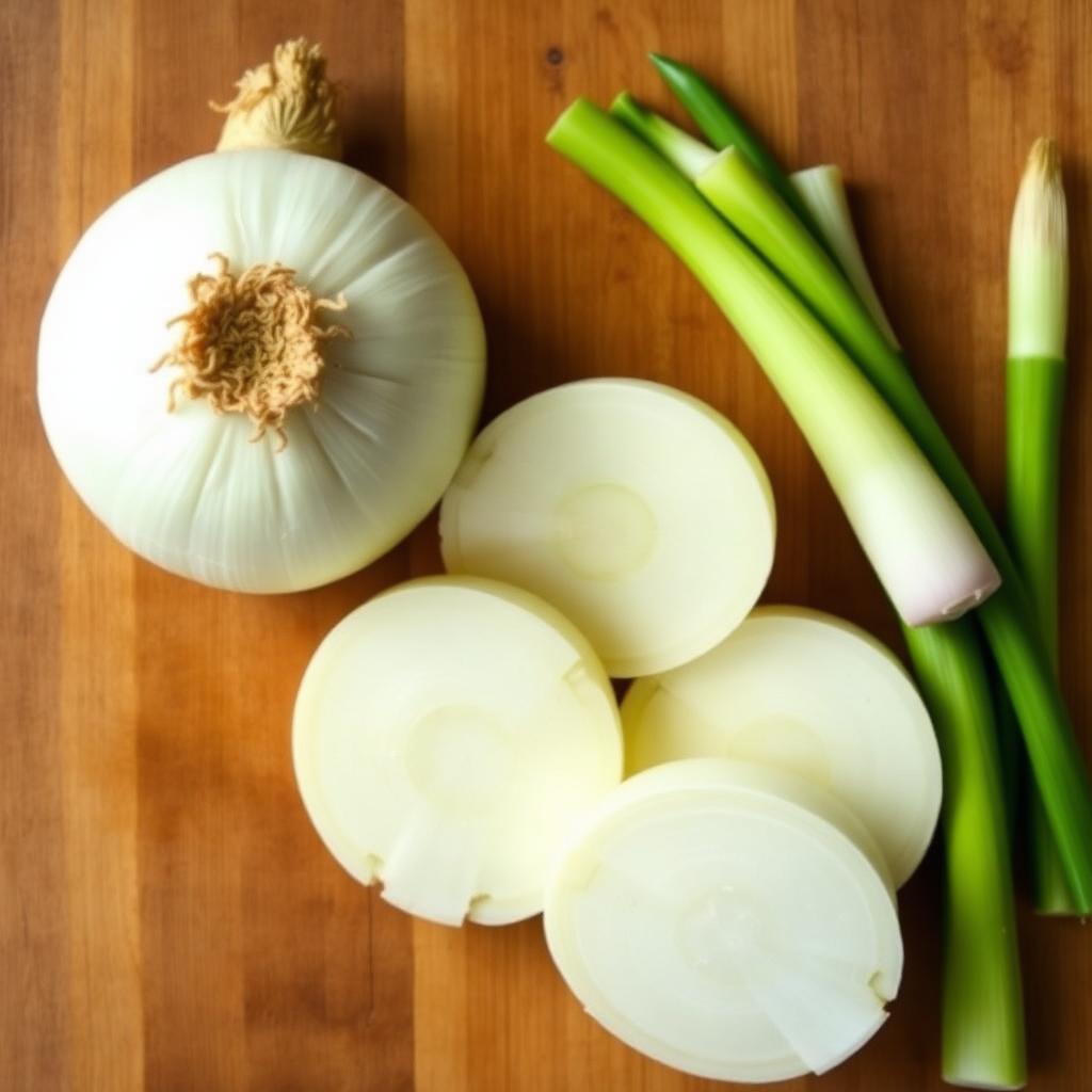 Onion, green onion tops, and white onion slices on a wooden board