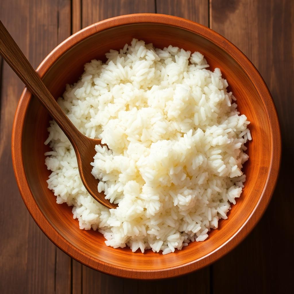 Cooked jasmine rice in wooden bowl