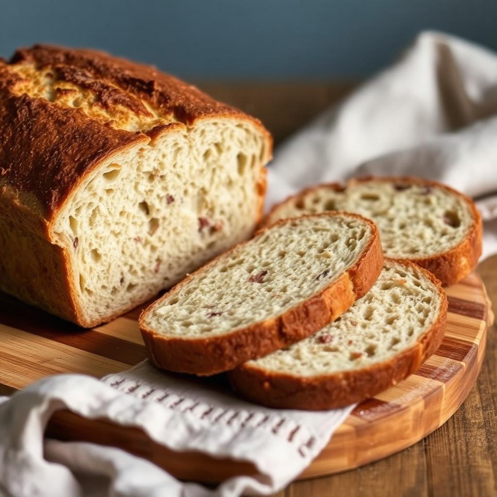Sliced sourdough loaf on wooden board