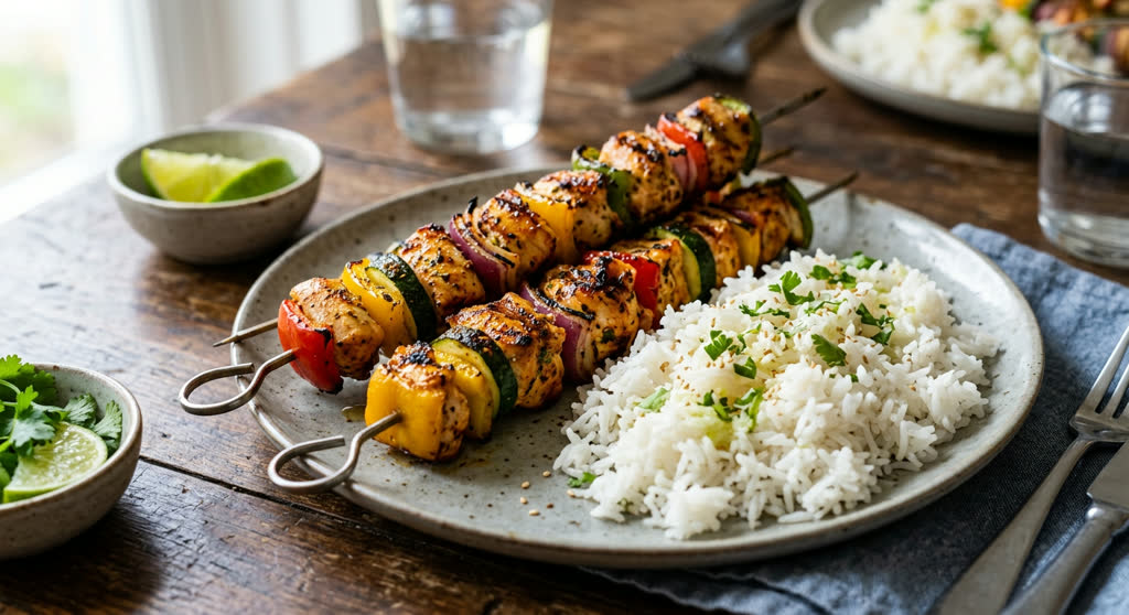 Chicken & Veggie Skewers with Rice