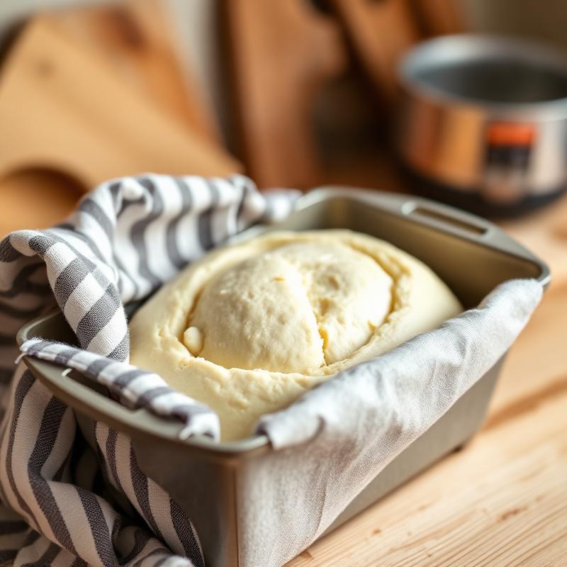 Dough rising in the pan — wait until it rises about 1 inch above the rim Bread dough rising in a loaf pan covered with a kitchen towel
