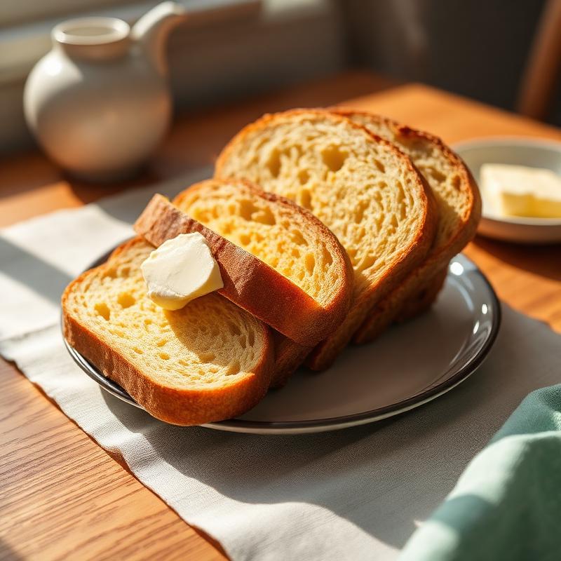 Perfectly sliced low-FODMAP bread — soft, fluffy interior with golden crust Sliced low-FODMAP bread served with butter on a plate