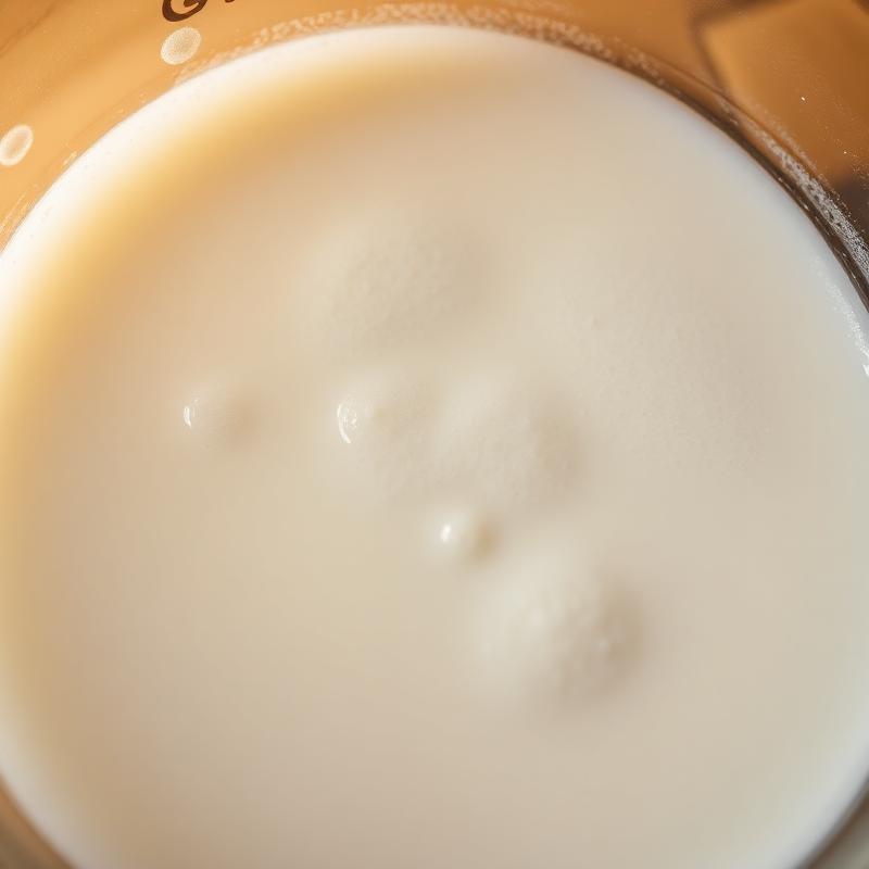 Activated yeast — look for the foamy layer before proceeding Yeast activating in warm milk showing foamy bubbles