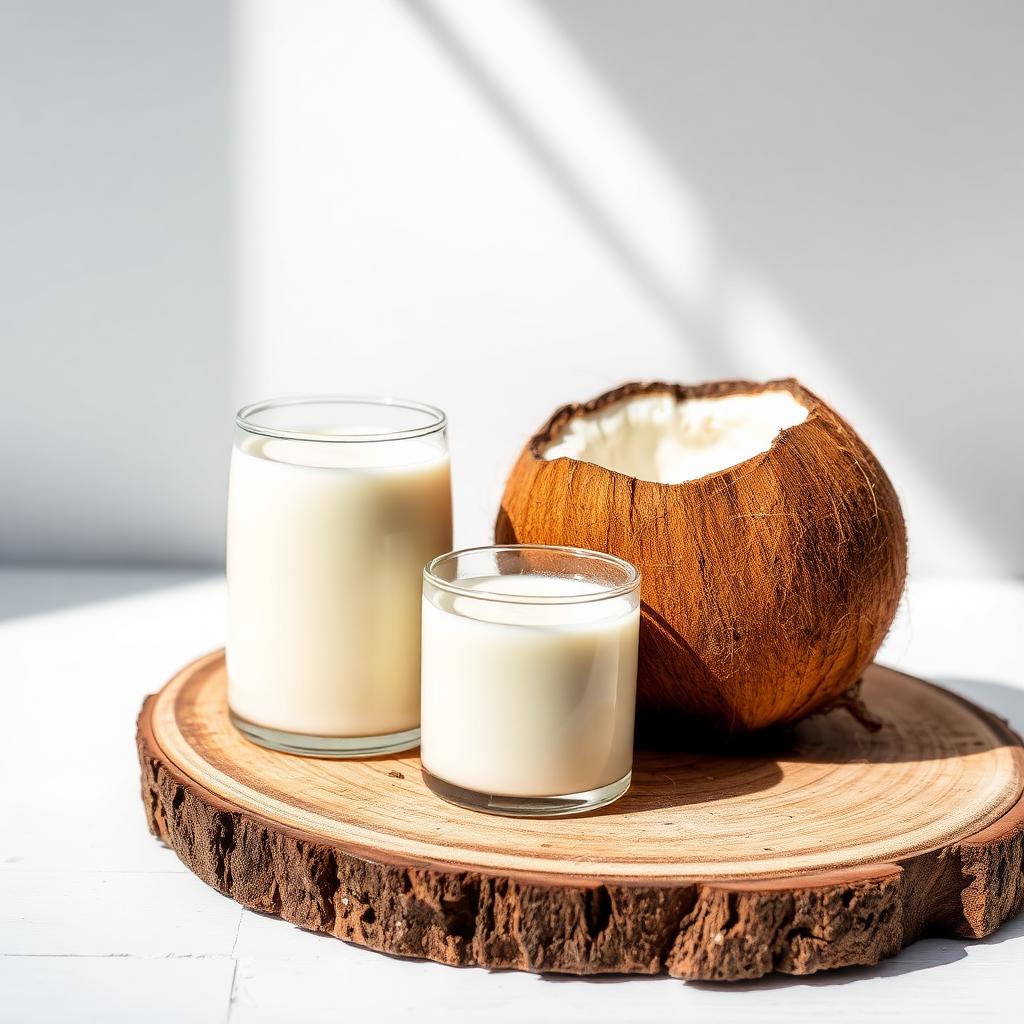 Fresh coconut and coconut milk on a wooden board