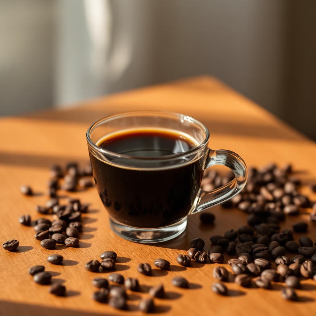 A cup of black coffee with beans